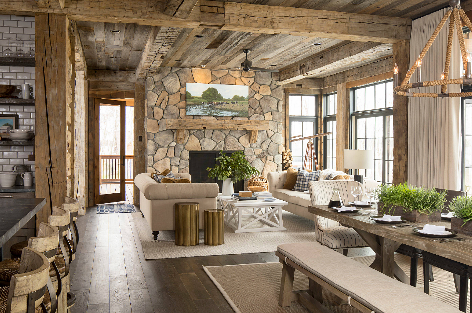 rustic style great room with wall of windows