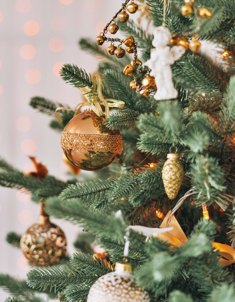 metallic ornaments on tree