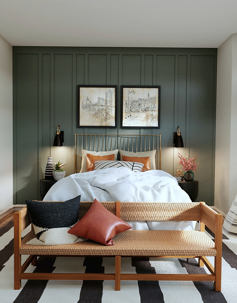 Modern country bedroom with accent wall