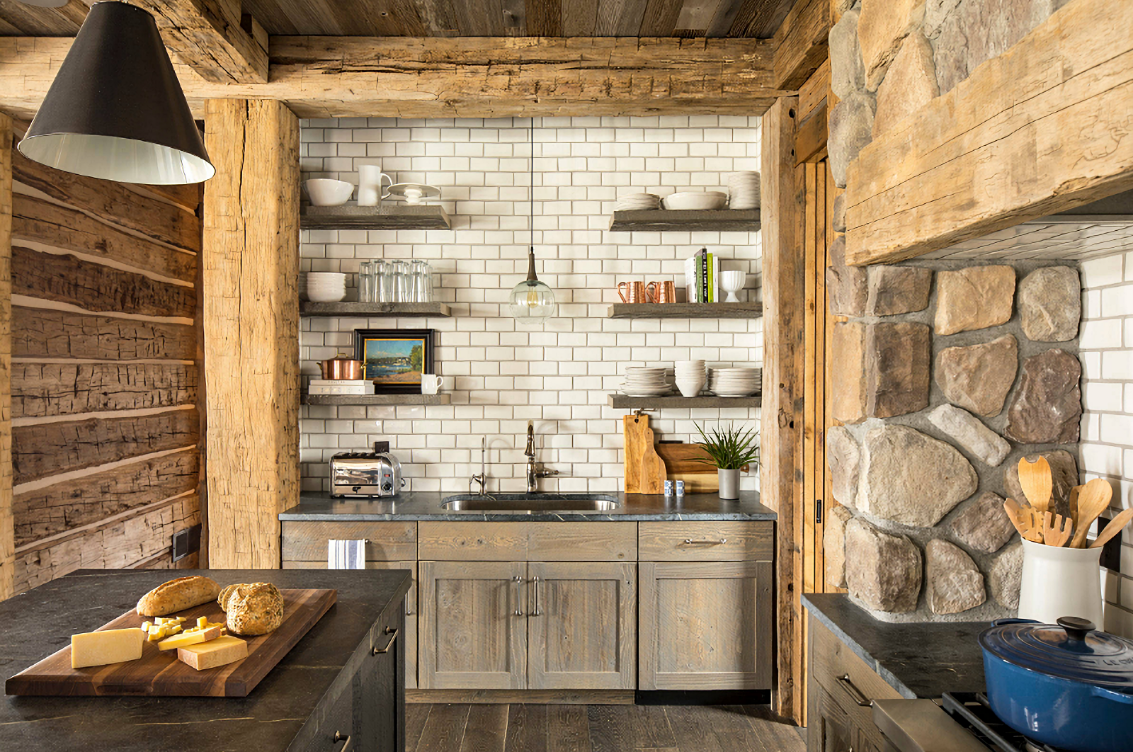 rustic kitchen with subway tile and rough hewn wood trim