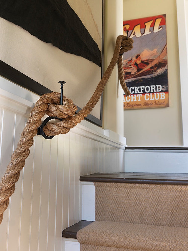 Rope handrail in warm cozy beach cottage