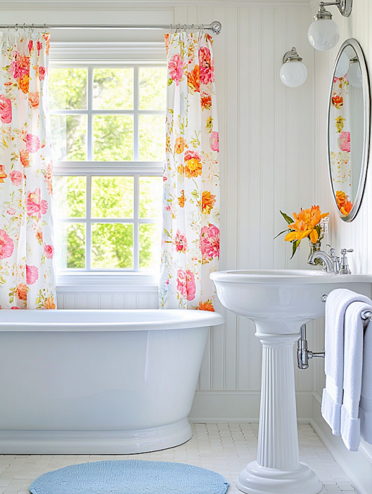 light and airy bathroom with floral curtains