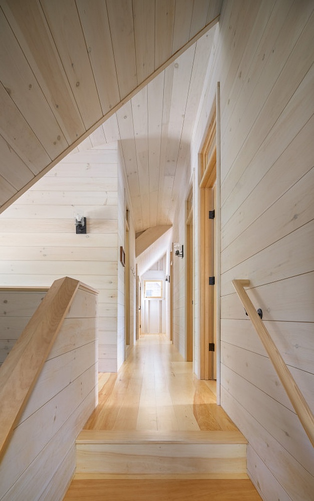 light wood walls in stairway and hallway