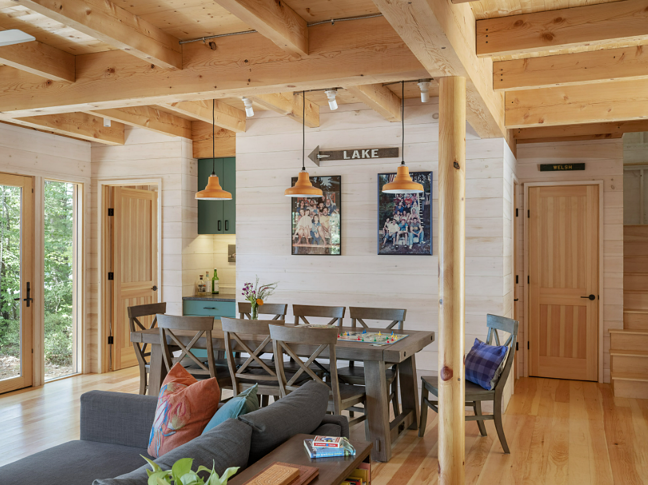 Maine cabin dining room with shiplap walls