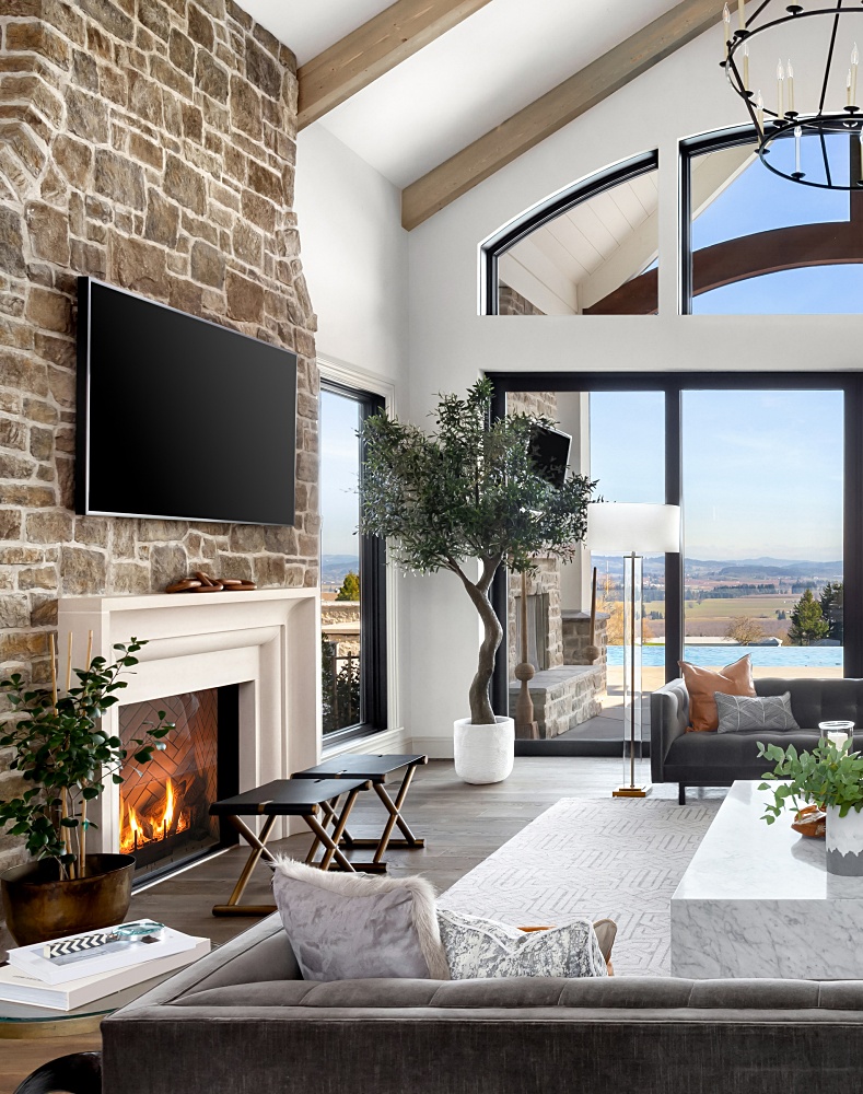 Fireplace in luxury modern country style living room