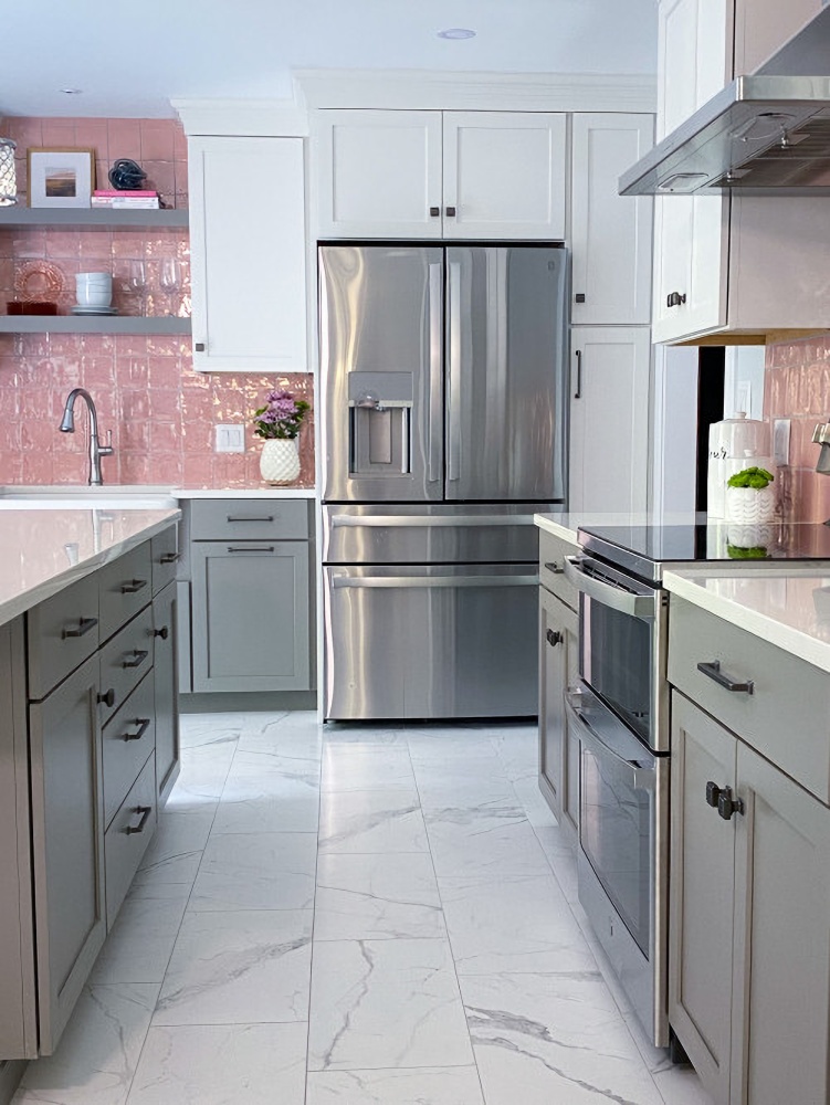 color pink in gray and white kitchen