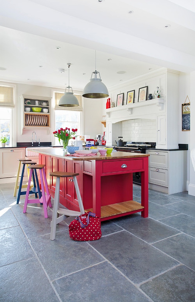 bold color pink kitchen island