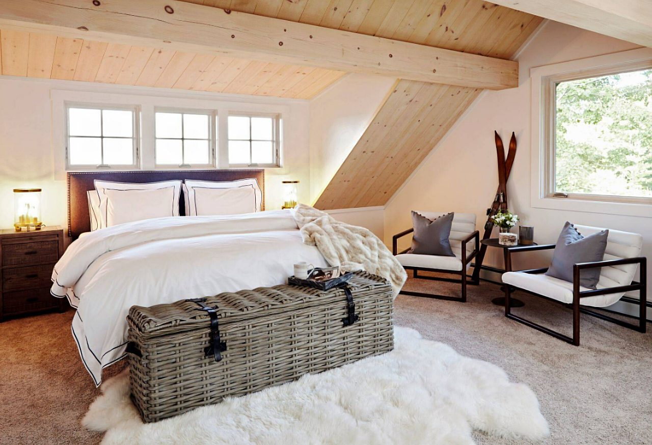 neutral toned bedroom with faux fur rug