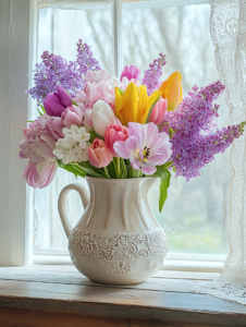 spring flowers in vintage vase