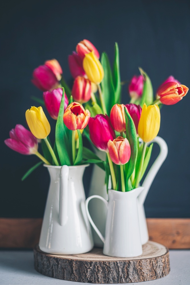 colorful tulips in white vases - spring blooms