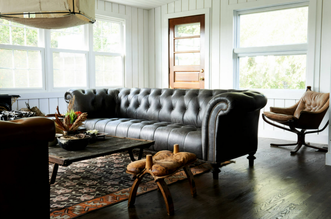 leather chesterfield sofa in farmhouse living room