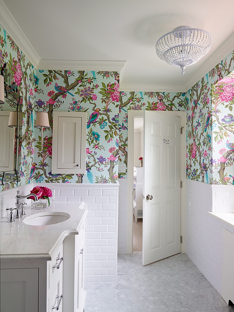 Garden inspired wallpapered bathroom