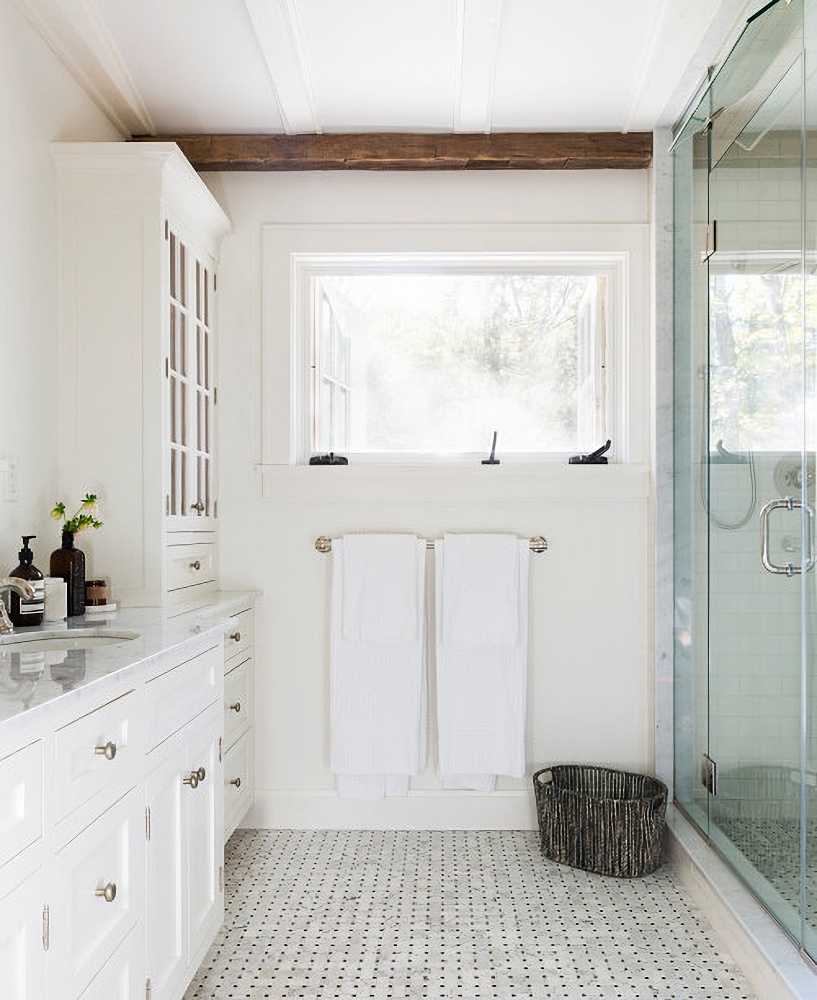 cottage bathroom with walk-in glass shower