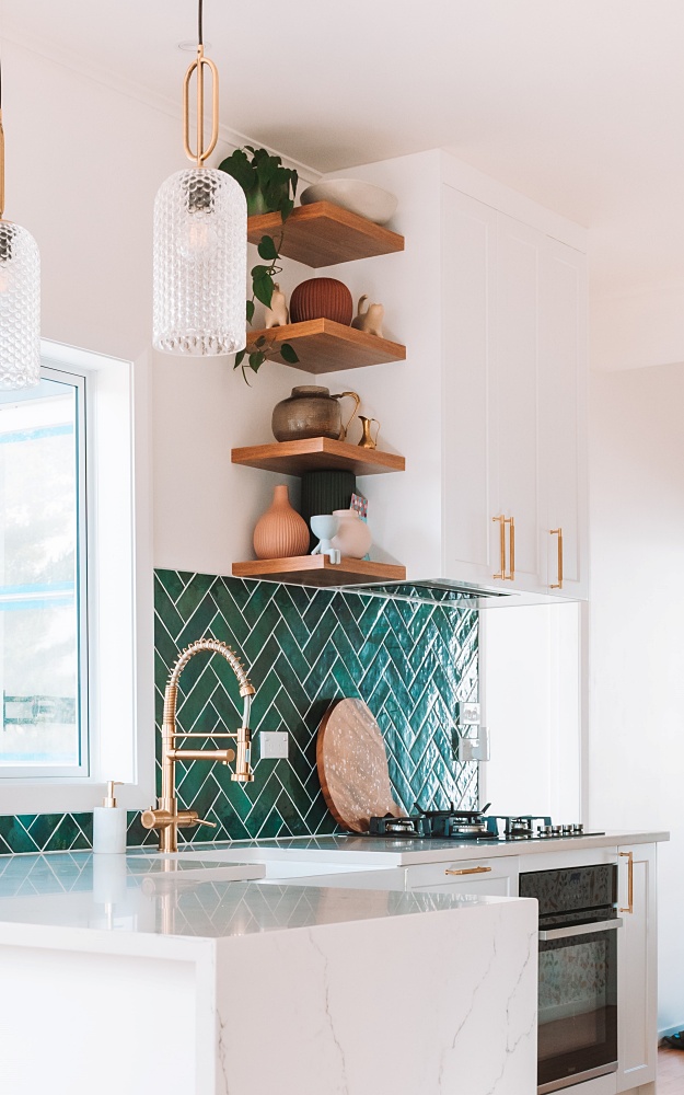 floating wood shelves in beach style kitchen