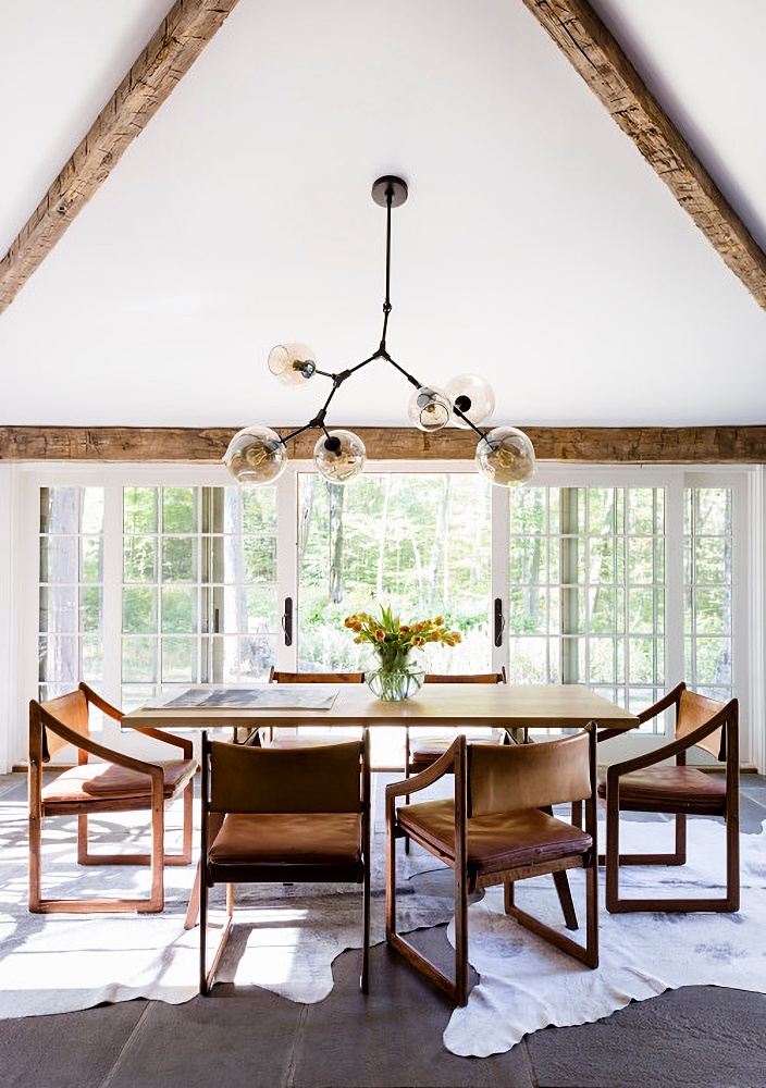 rustic cottage dining room with contemporary table and leather chairs