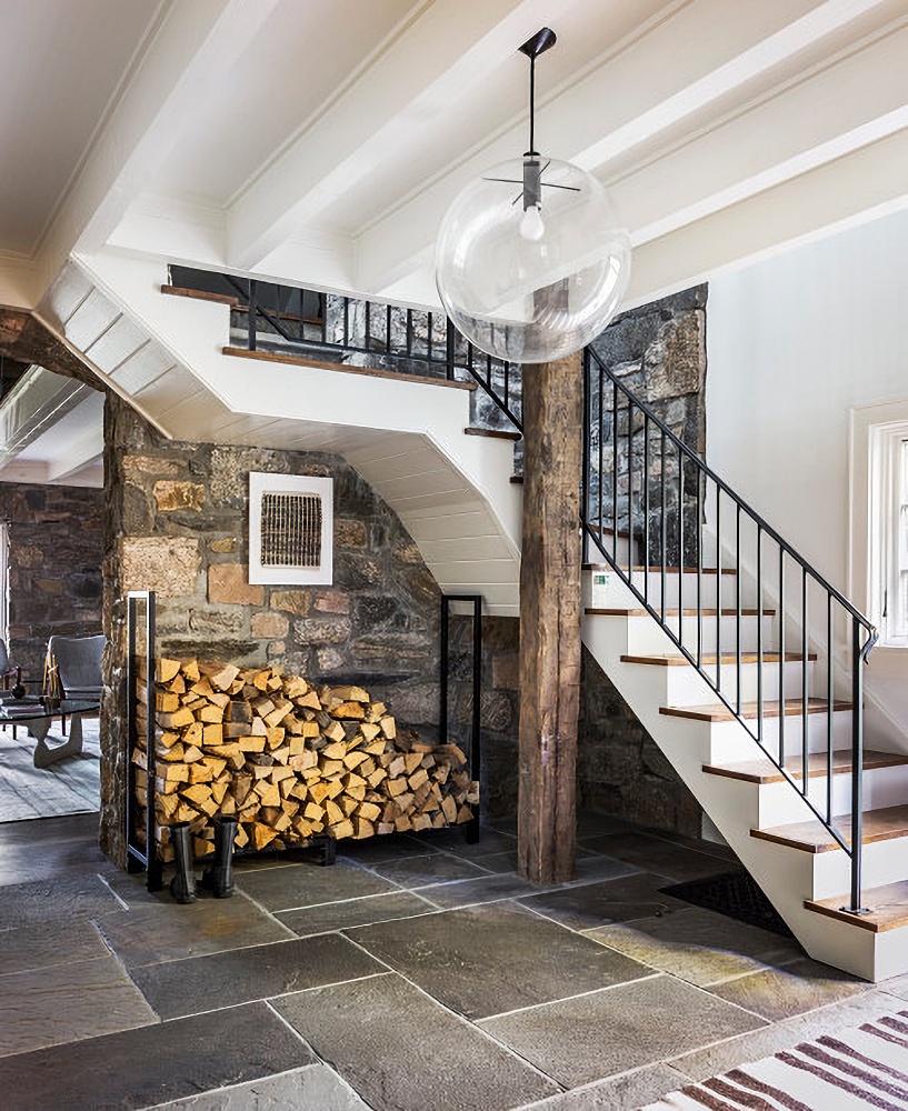 industrial style staircase in stone cottage