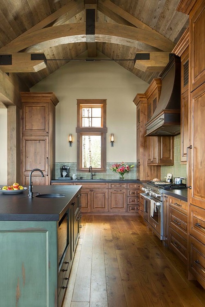 Rustic Colorado ranch home kitchen with wood cabinets