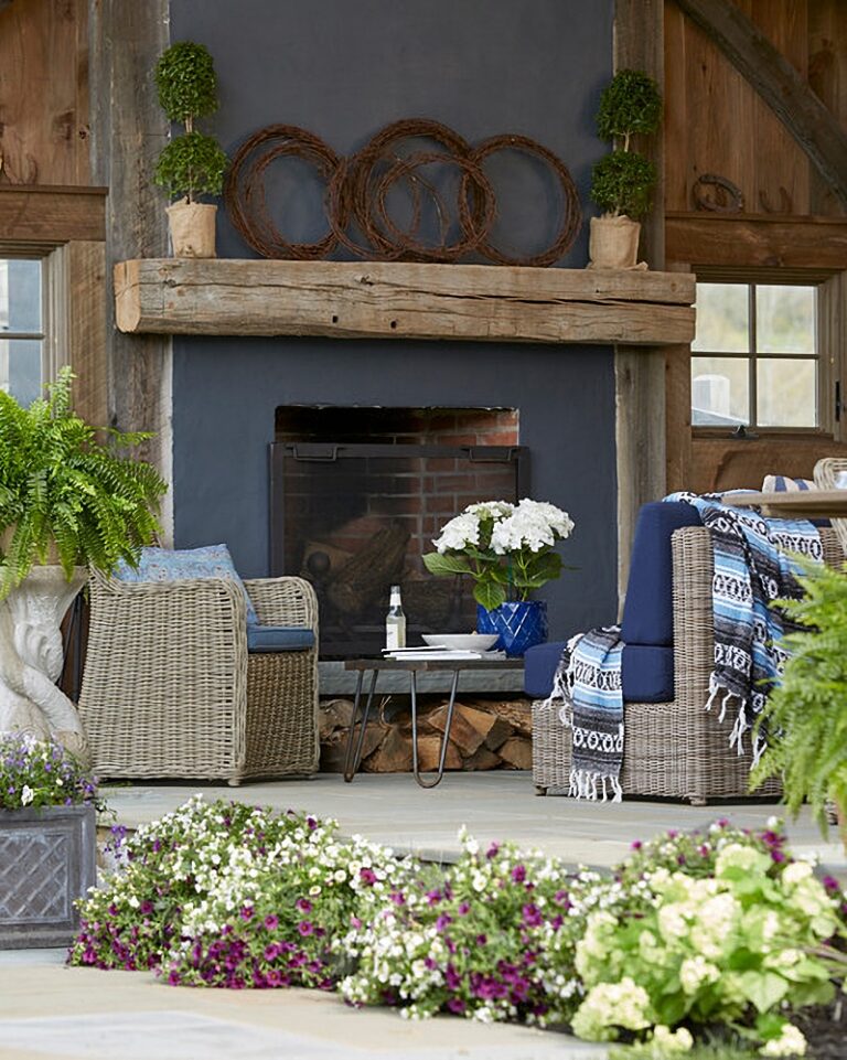 new england patio with outdoor fireplace