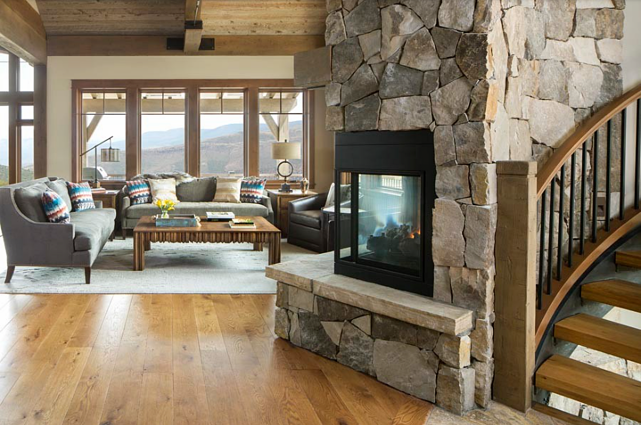 rustic Colorado family room with fireplace