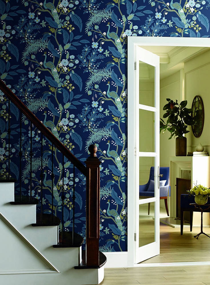 Blue peacock wallpaper by Rifle Paper Co.