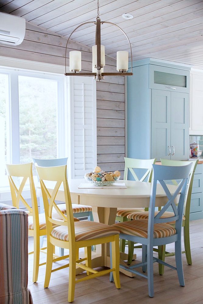 Pastel colors in small Scandinavian style dining room