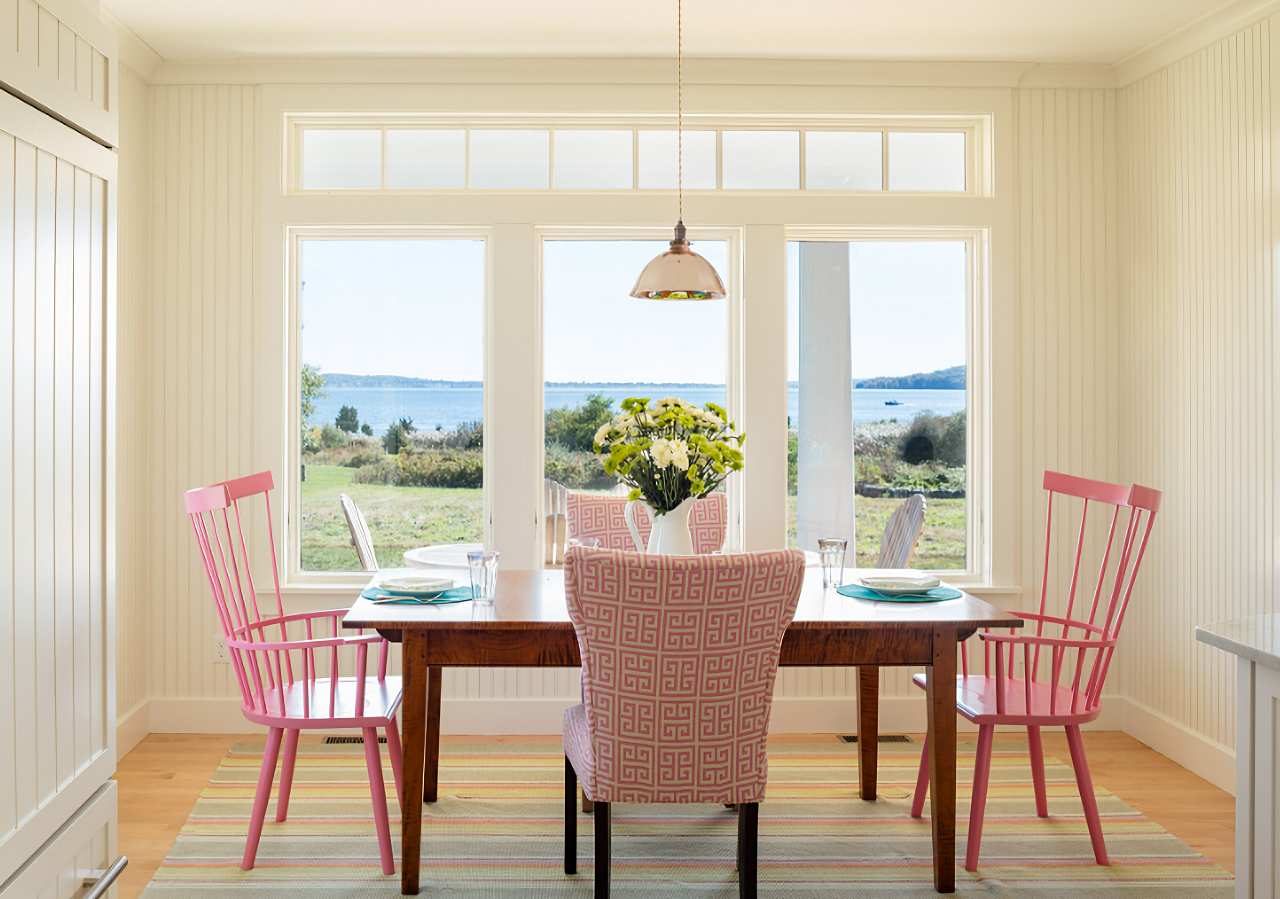 Pink and white dining room