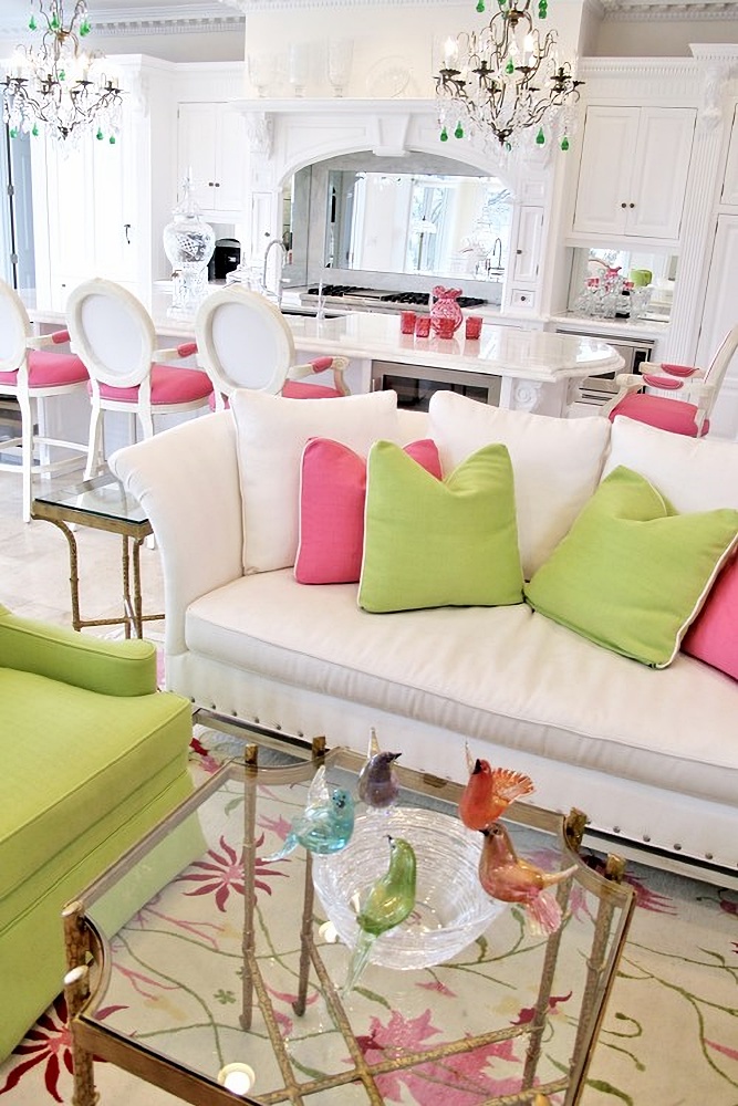 pink and green family room