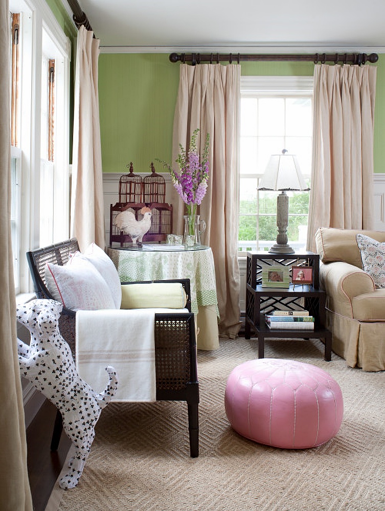 transitional living room in pastels