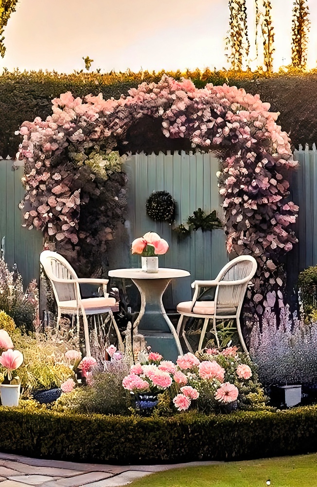 Floral arch by patio - outdoor oasis