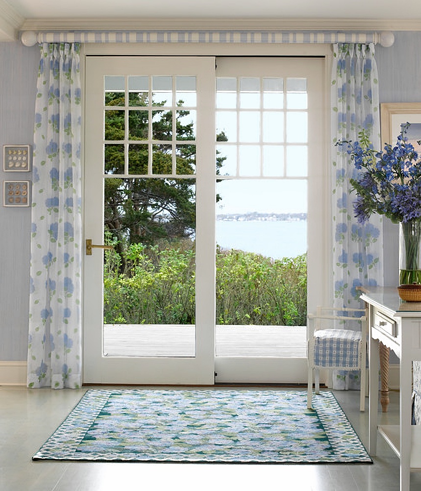 floral curtains at French doors