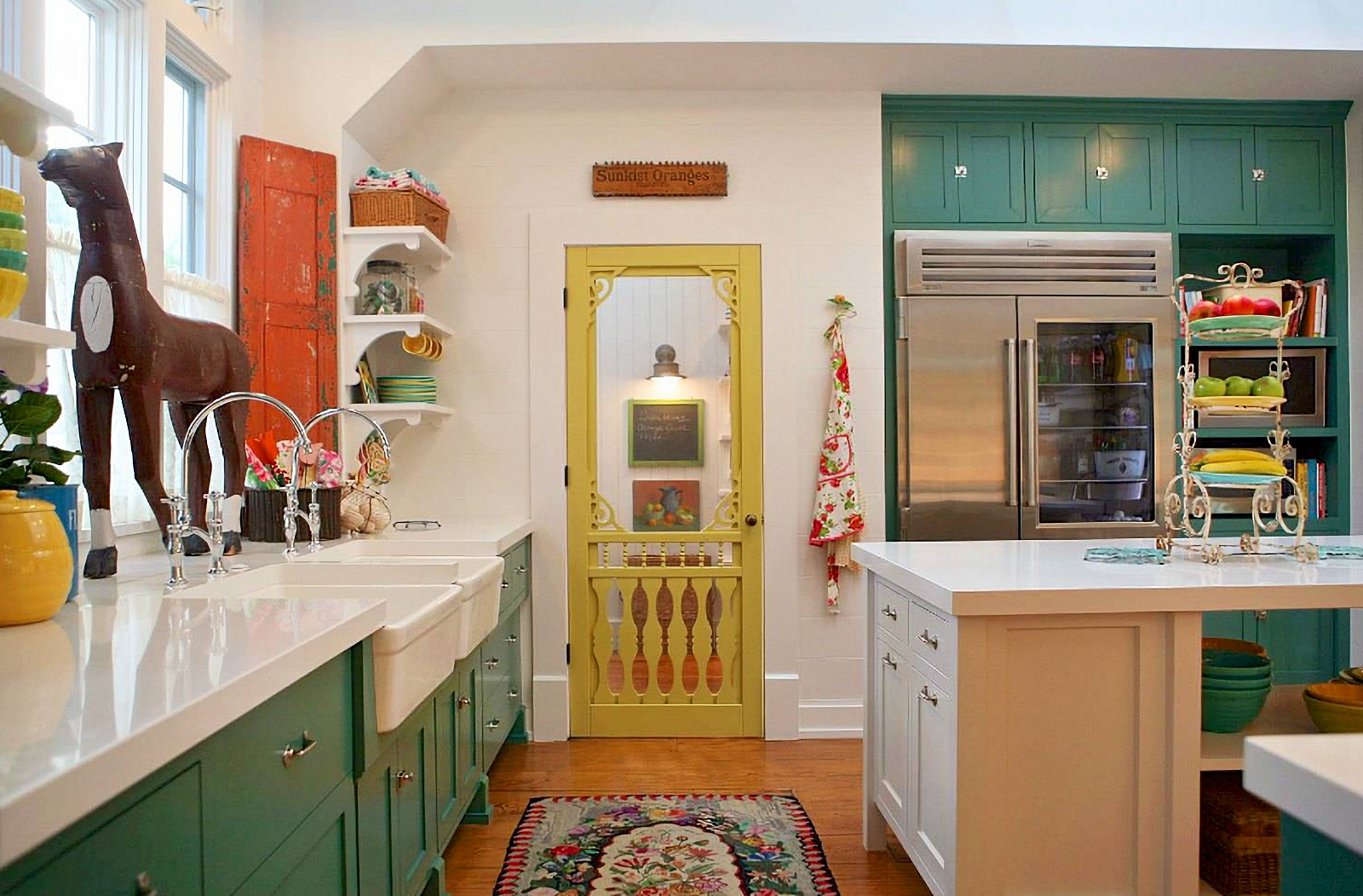 Colorful, eclectic kitchen with yellow screen door