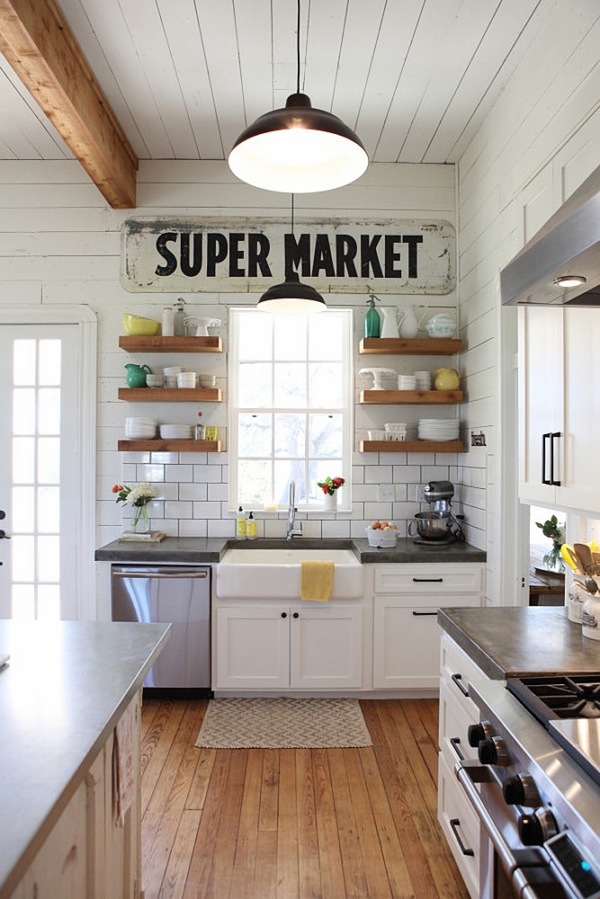 Joanna Gaines' kitchen with vintage Super Market sign.