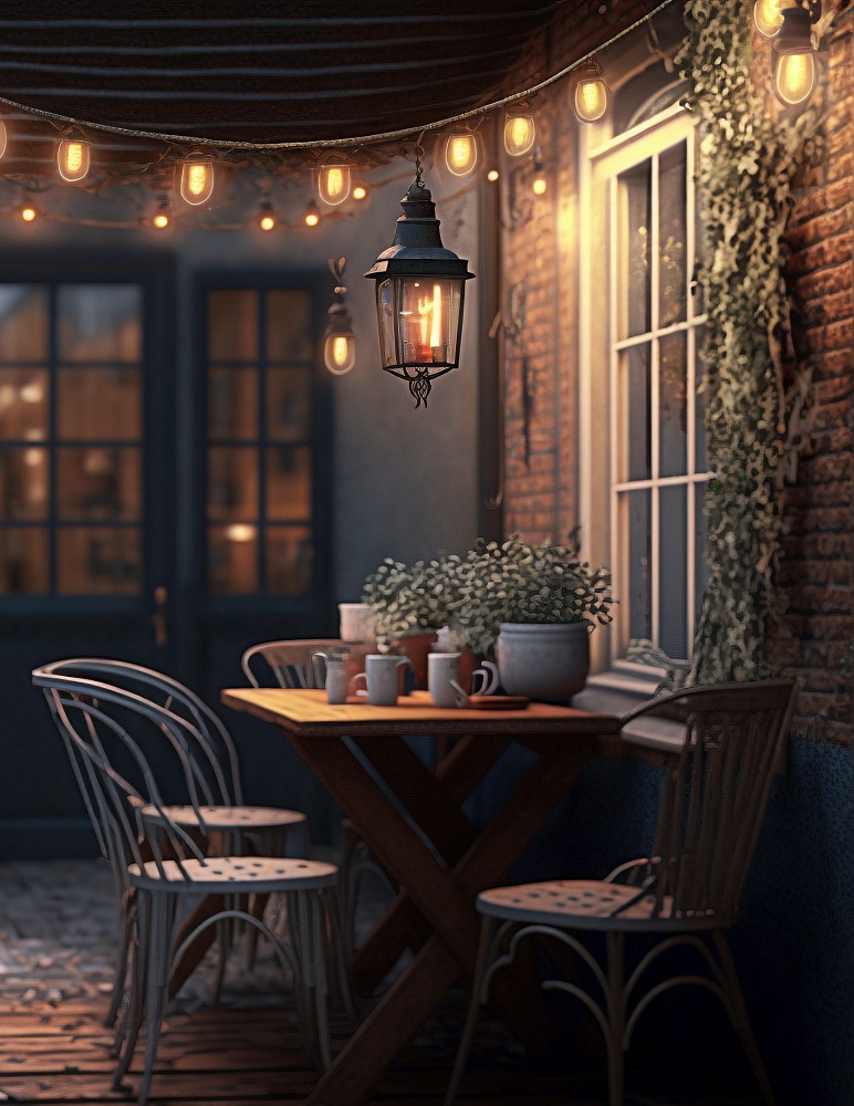 Outdoor nighttime dining alfresco with string lights