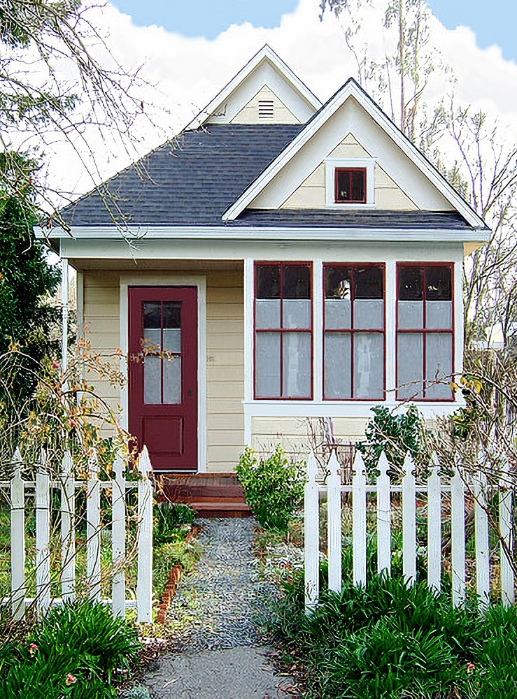 yellow cottage with red trim