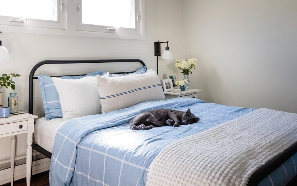 blue and white cottage bedroom