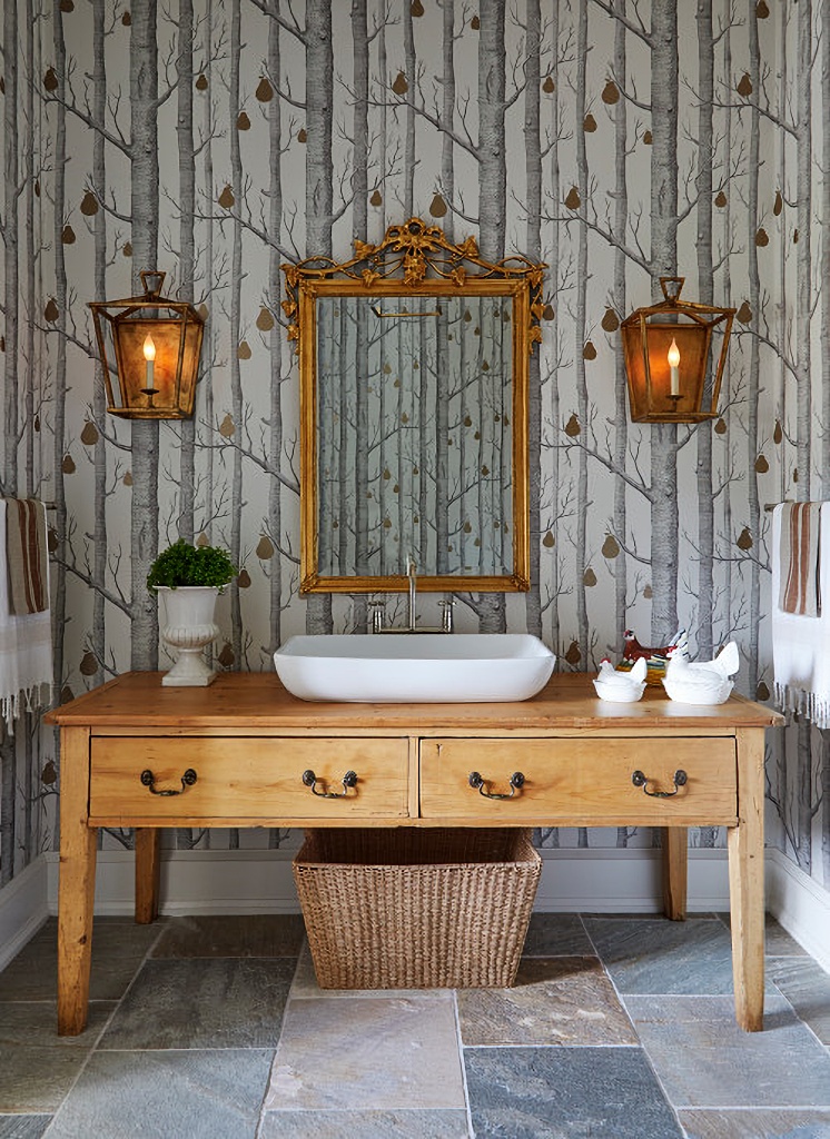 master bathroom with vintage wood vanity