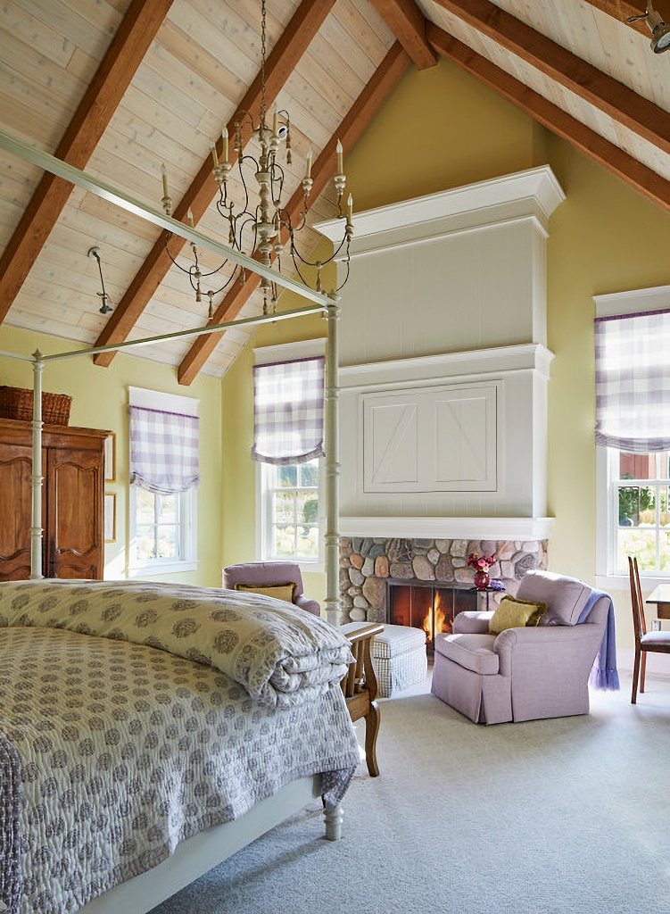country style master bedroom in lavender and pale yellow