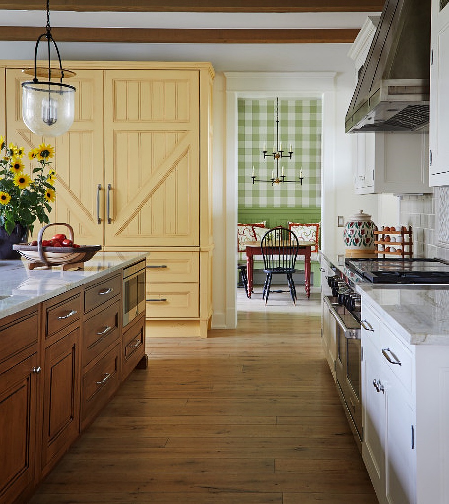 large yellow cabinet in farmhouse kitchen