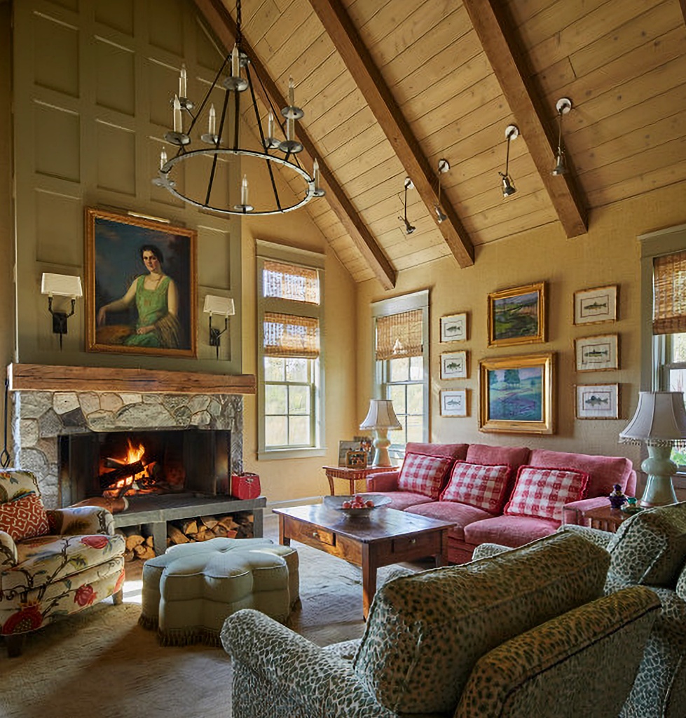 rustic and colorful farmhouse family room with fireplace