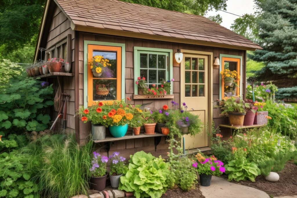 garden shed with window box full of colorful flowers
