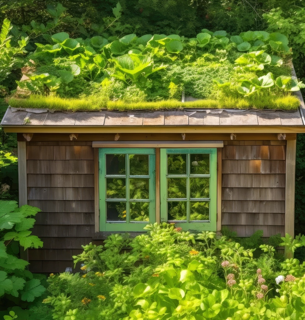 green roof on an outdoor shed