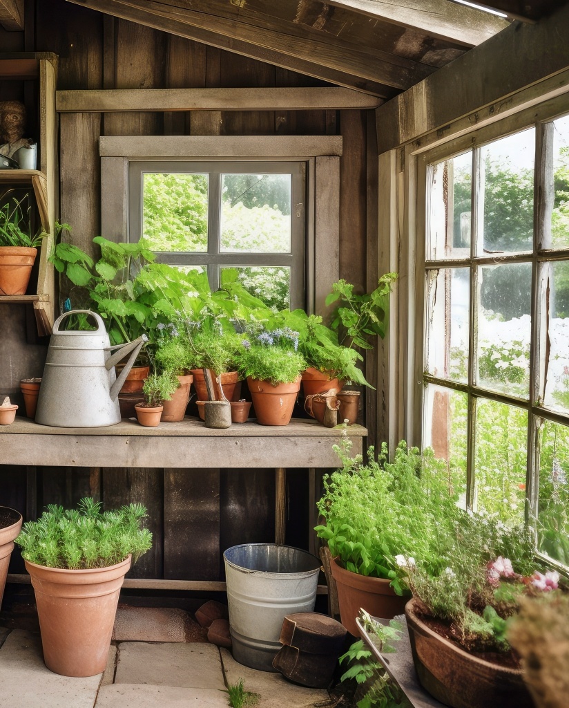 garden shed with collection of potted plants and herbs