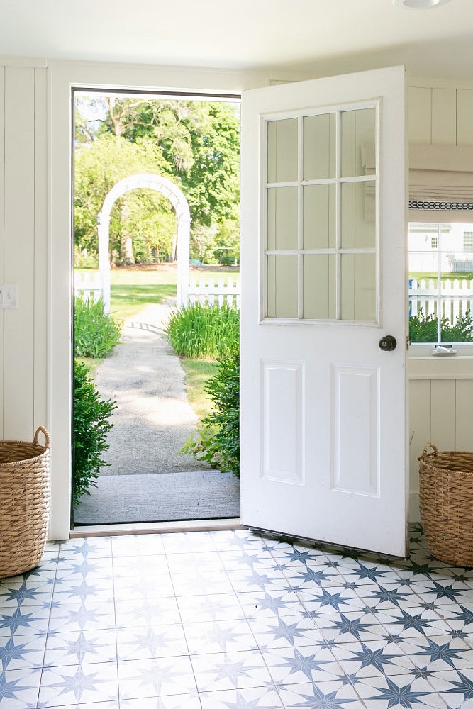 guest cottage entryway with star patterned floor