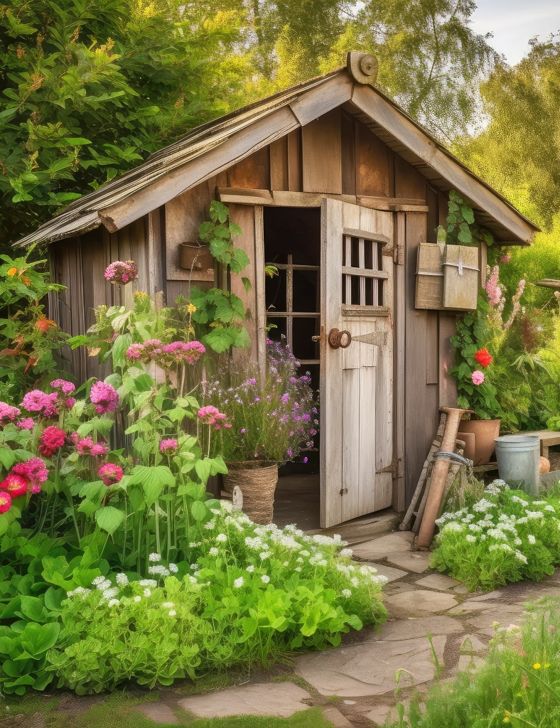 flowers planted around rustic garden shed