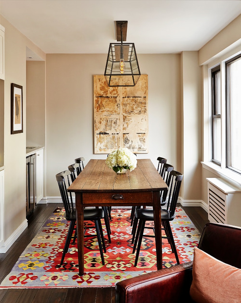 colorful patterned rug in farmhouse dining room