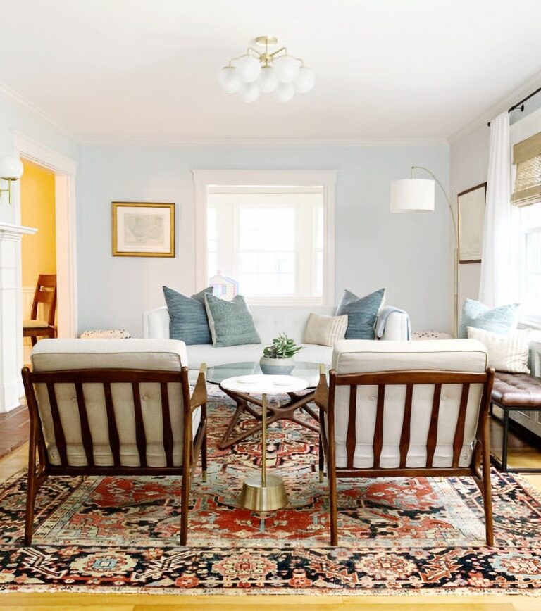 eclectic family room with patterned area rug