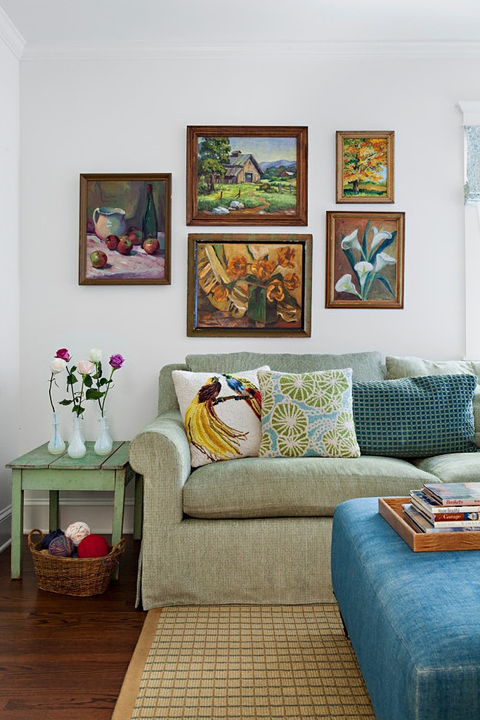 Eclectic family room in blue and gold