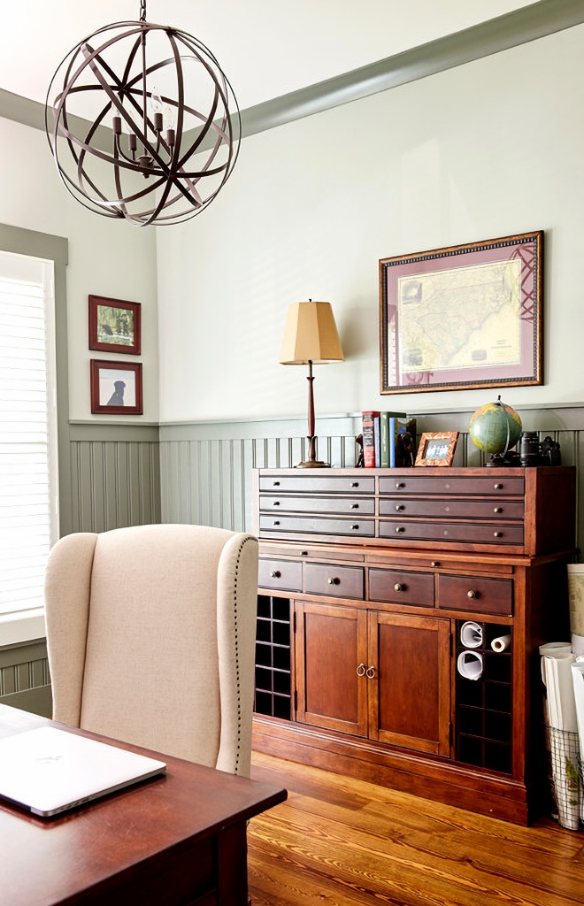 home office with wood furniture