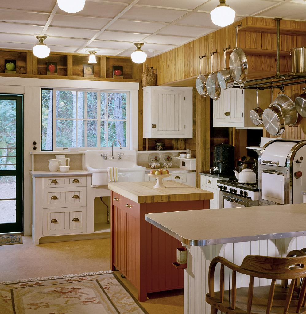 cozy paneled kitchen in Maine cabin