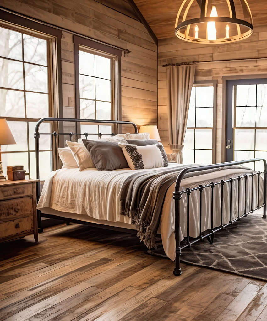 Farmhouse style Guest Room With Wrought Iron Bed 
